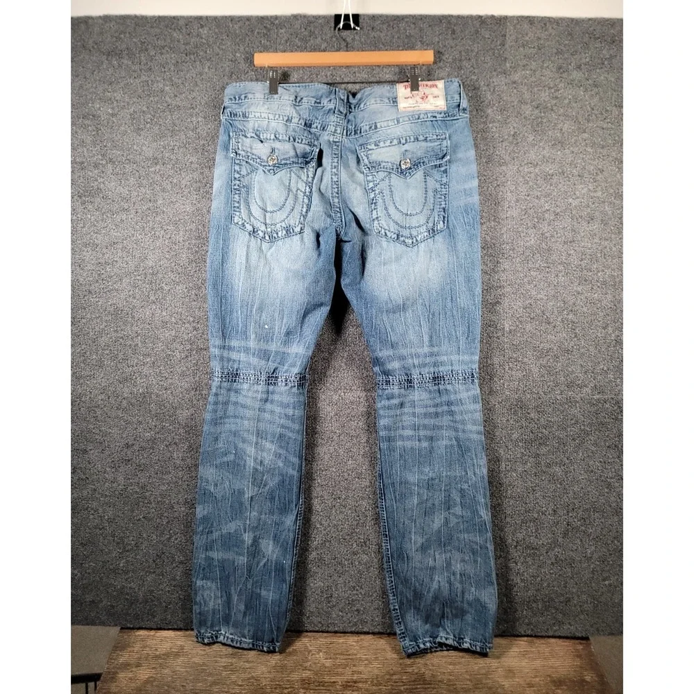 True Religion Moto Slim Big T Jeans Mens 38x32 Blue Biker Distressed Y2K Stretch